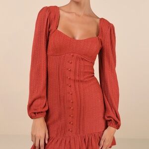 Lulus Coveted Sweetness Rust Pointelle Knit Long Sleeve Mini Dress Orange